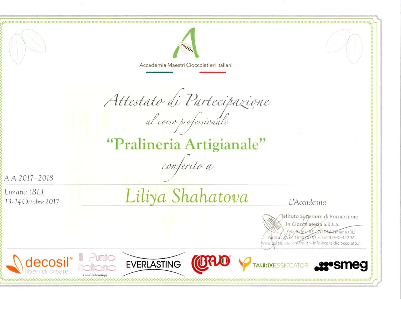 Preview of Artisan Pralines certificate