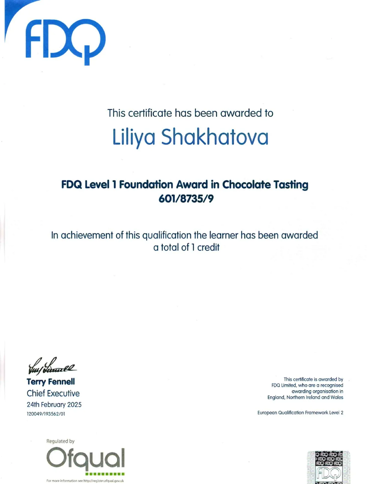 Preview of Level 1 Foundation Certificate certificate