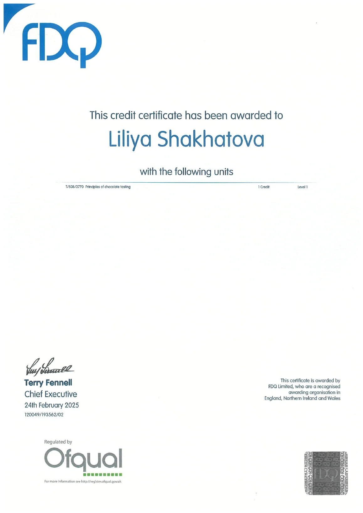 Preview of Level 1 Credit Confirmation certificate
