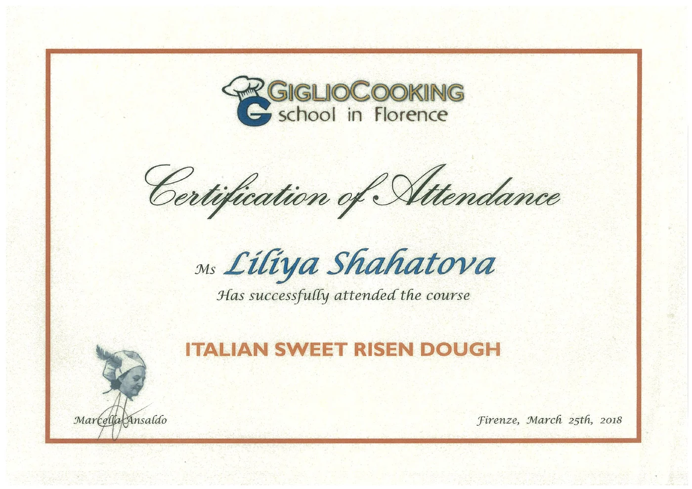Preview of Italian Sweet Risen Dough certificate